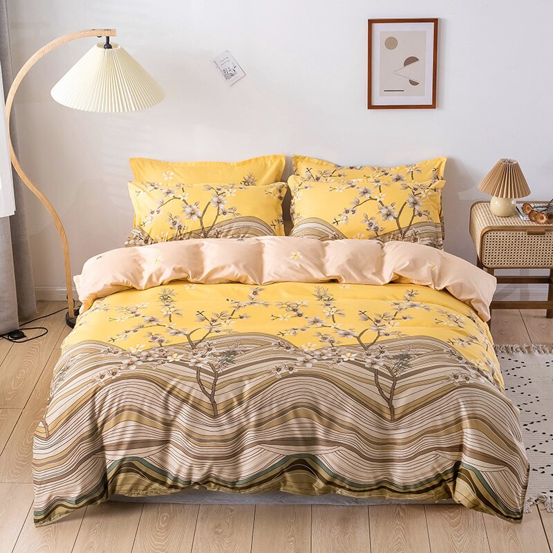 Kinesisk stil gula sängkläder set, 220 × 240 påslakan set örngott 3 st, plommon blommönster påslakan dubbel queen king