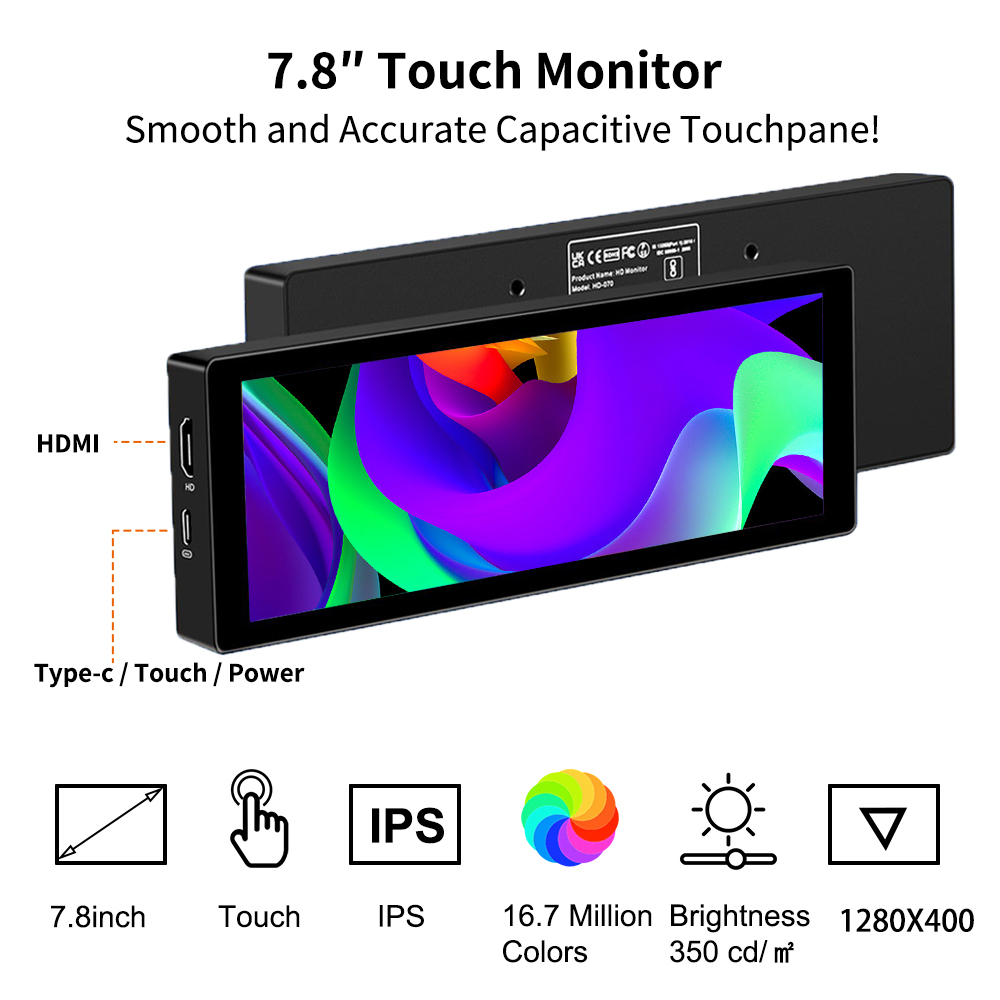 Monitor de pantalla táctil ancha y larga de 7,8 pulgadas, pantalla de temperatura de PC HDMI, Panel de Sensor de PC, Monitor extensor pequeño