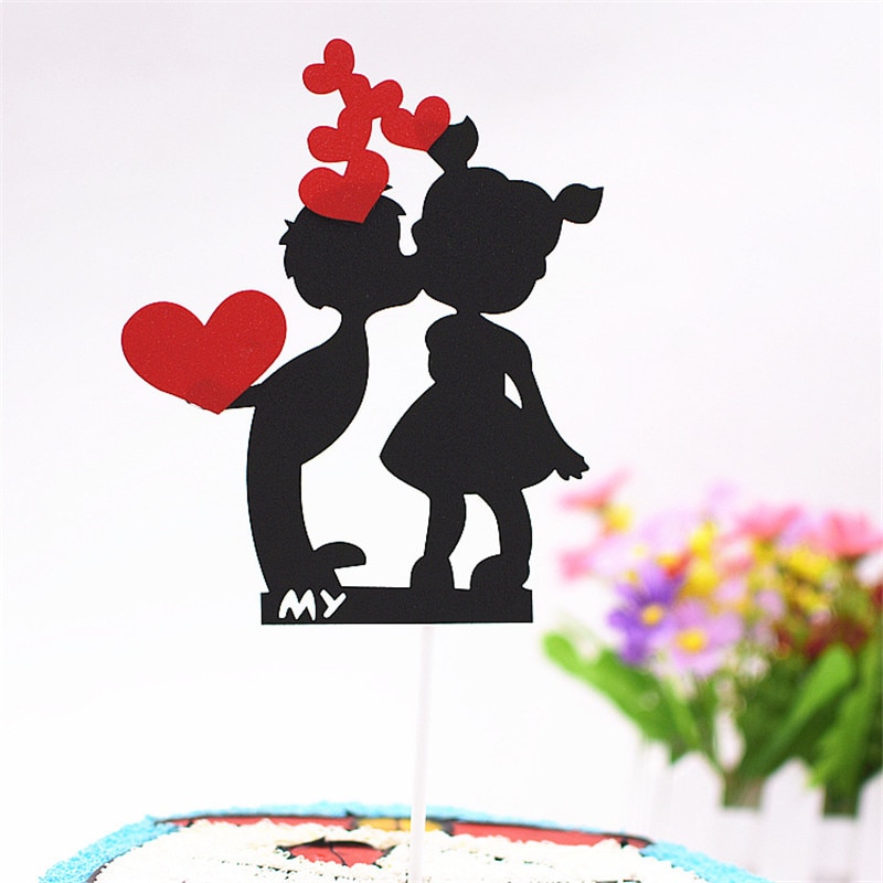 Cakelove 1 Pcs DIY Verjaardag Bruiloft Cake Topper Zwart Met Rode Harten Vlaggen Jongen & Meisje Verjaardagsfeestje Cake Bakken decor Verjaardagstaart Vlaggen