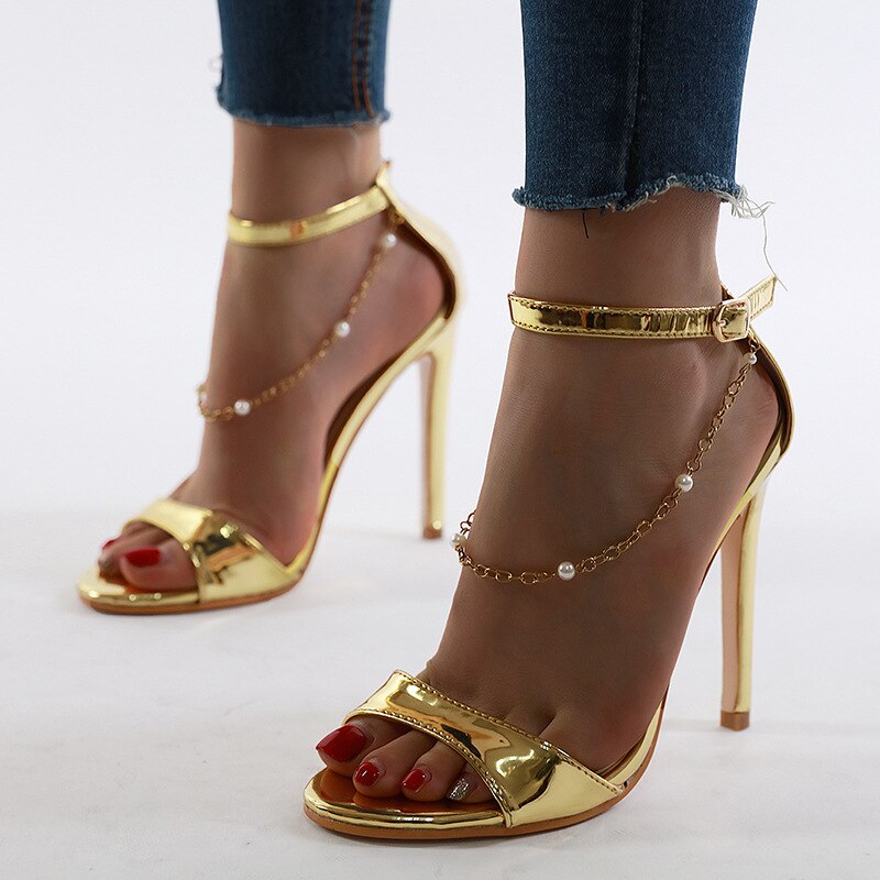 LEOPARD LAND Rhinestone Sandals Fine High Heels Metal Chain Nightclub High-Heel Sandals Women Gold Sliver Sandals JXQ