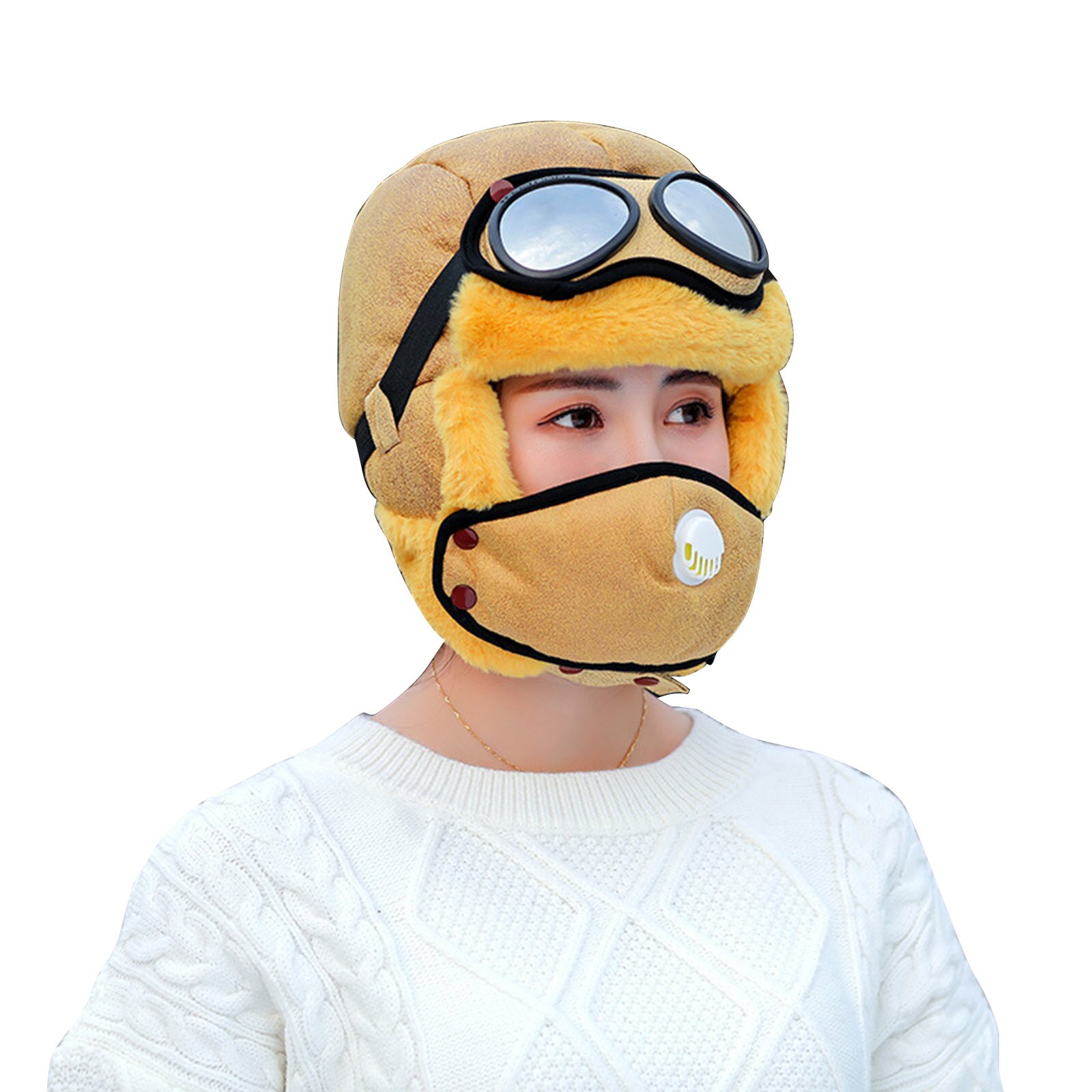 Cycling Windproof Outdoor Hat with Ear Flap and Breathing Valves Face Cover Goggles Warm Plush Full Head Hat PR: Yellow