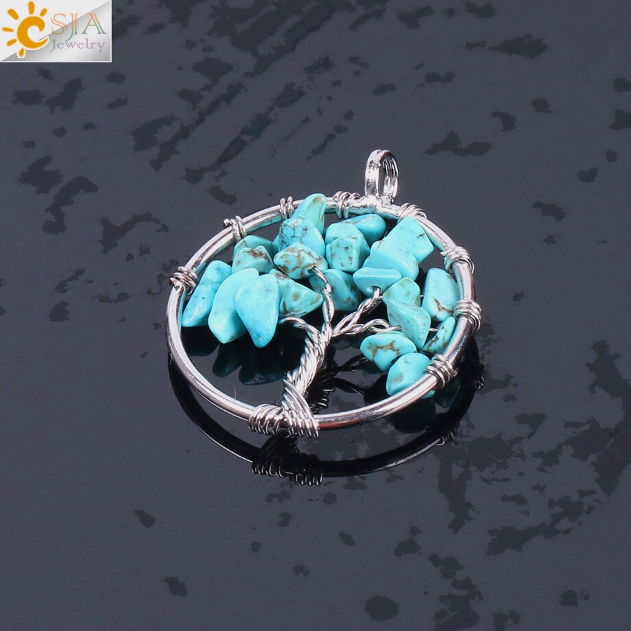 CSJA Tree of Life Necklace &amp; Pendant Silver Color Crystal Natural Gem Stone Chip Beads 7 Chakra Wire Wrapped Women Jewelry F141: Turquoise