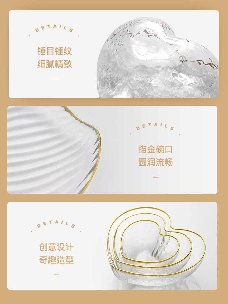 Bord doré coeur pêche ménage saladier bol en verre assiette transparent dessert fruits style japonais salade vaisselle