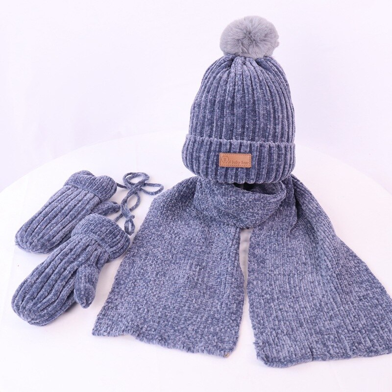 Børn vinter tredelt sæt varm plus fløjlhandske + hat + strikket tørklæde børn ensfarvet tilbehør til koldt vejr: G