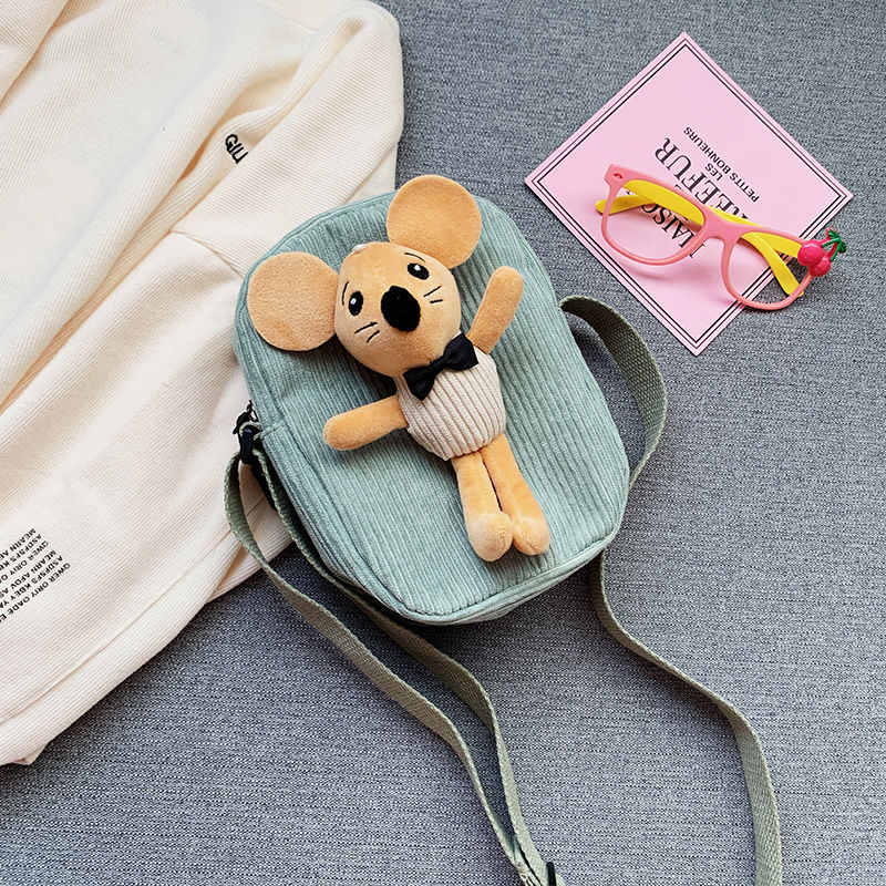 Leuke Meisjes Kleine Portemonnee Corduroy Bunny Mouse Kinderen Schoudertas Baby Jongens Crossbody Tassen Prinses Accessoires: green mouse