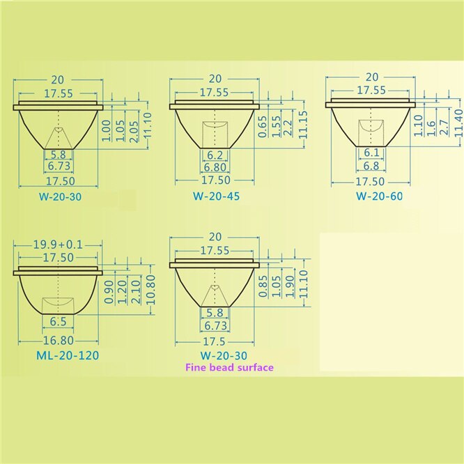 High 50pcs 30/45/60/120 Degree Fine bead surface LED Lens Reflector Collimator LED Light Lamp Bulb Diameter 20mm