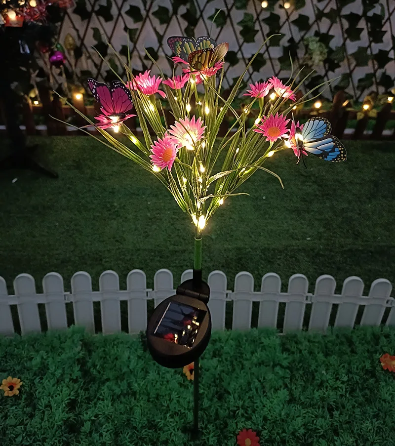 Solar Garden Lights Wild Flower Chrysanthemum Stake Lawn Lamp Waterproof Garden Butterfly Lamps Yard Art for Home Decoration