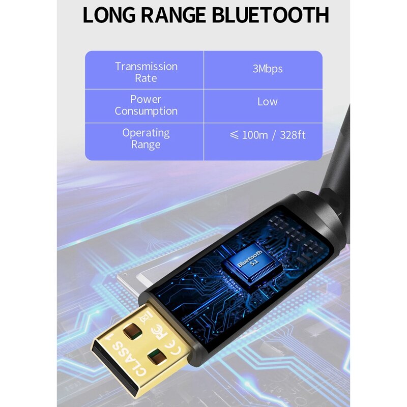 Power Class 1 Bluetooth Adapter,Bluetooth Receiver Transmitter,Driver-Free for Win8 or Above,Transmission Distance 100 M
