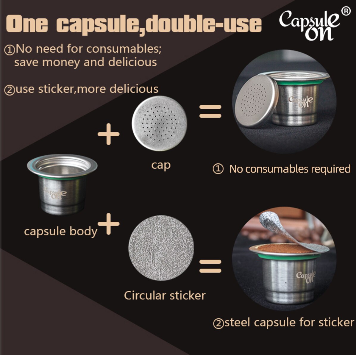 Capsulone Refillable Reusable Stainless Steel Coffee Capsulas Compatible with Nespresso Machines Maker 3 Pod +120 Seals