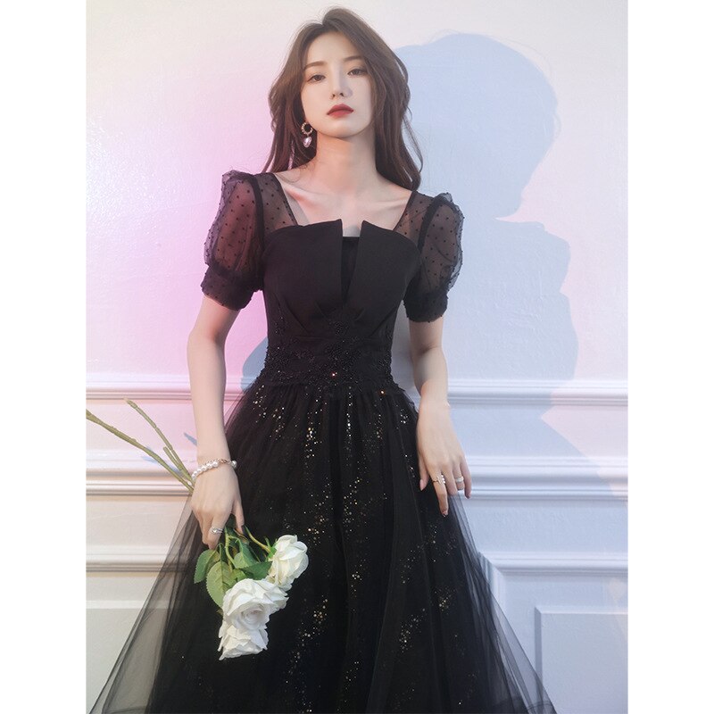 Black Retract Waist Formal Party Dress Sexy Lace Tulle Banquet Gown Square Neck Birthday Ball Gown Dress Robe De Soiree