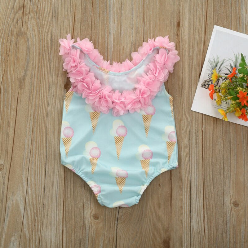 Lille barn baby pige badetøj sommer ærmeløs is print bikini badedragt svømmetøj et stykke blødt badetøj 1-5y