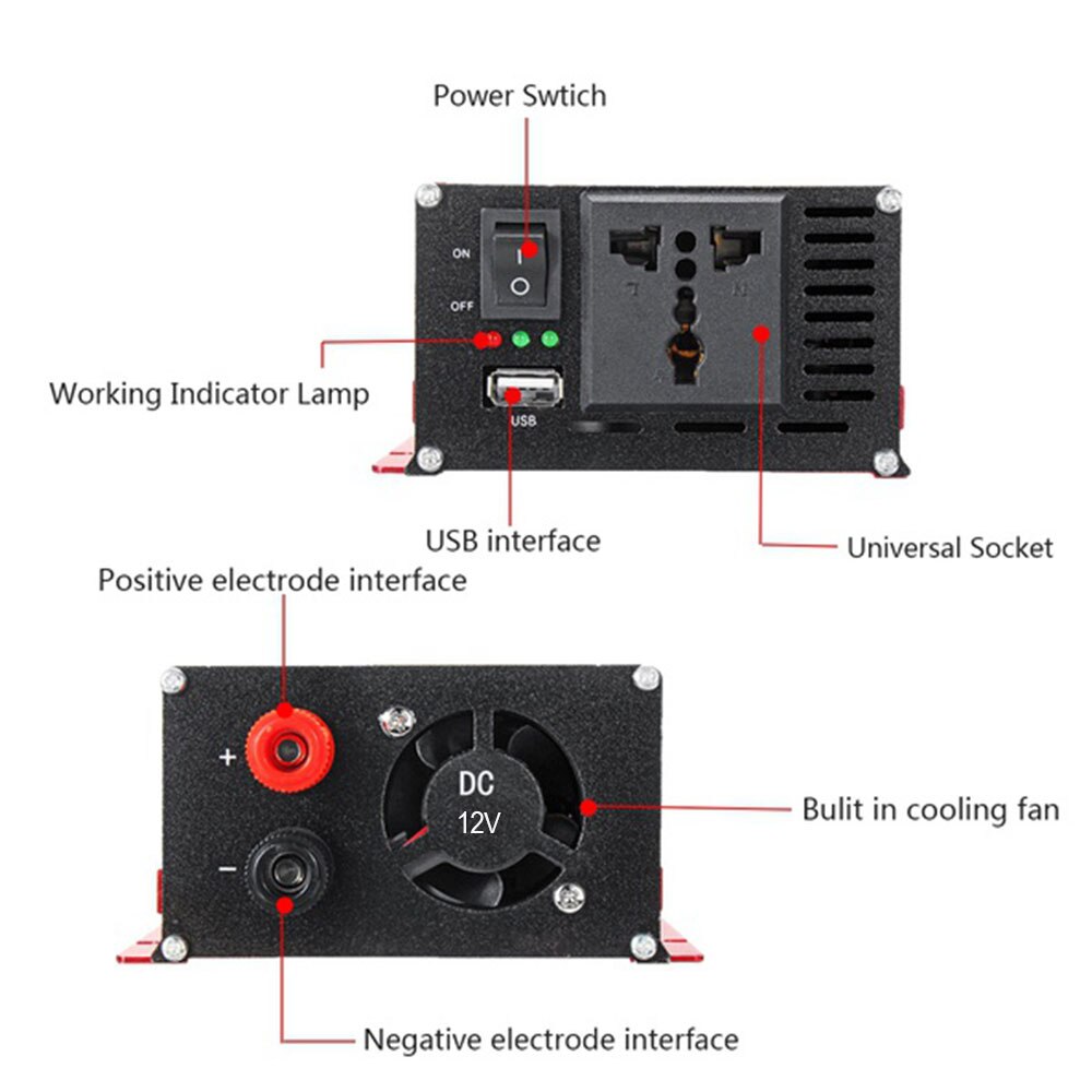 DC12V/24V To AC110V Vehicle Car Inverter Peak 1500W High Performance Outdoor Auto Inverter Portable LED Solar Power Inverter