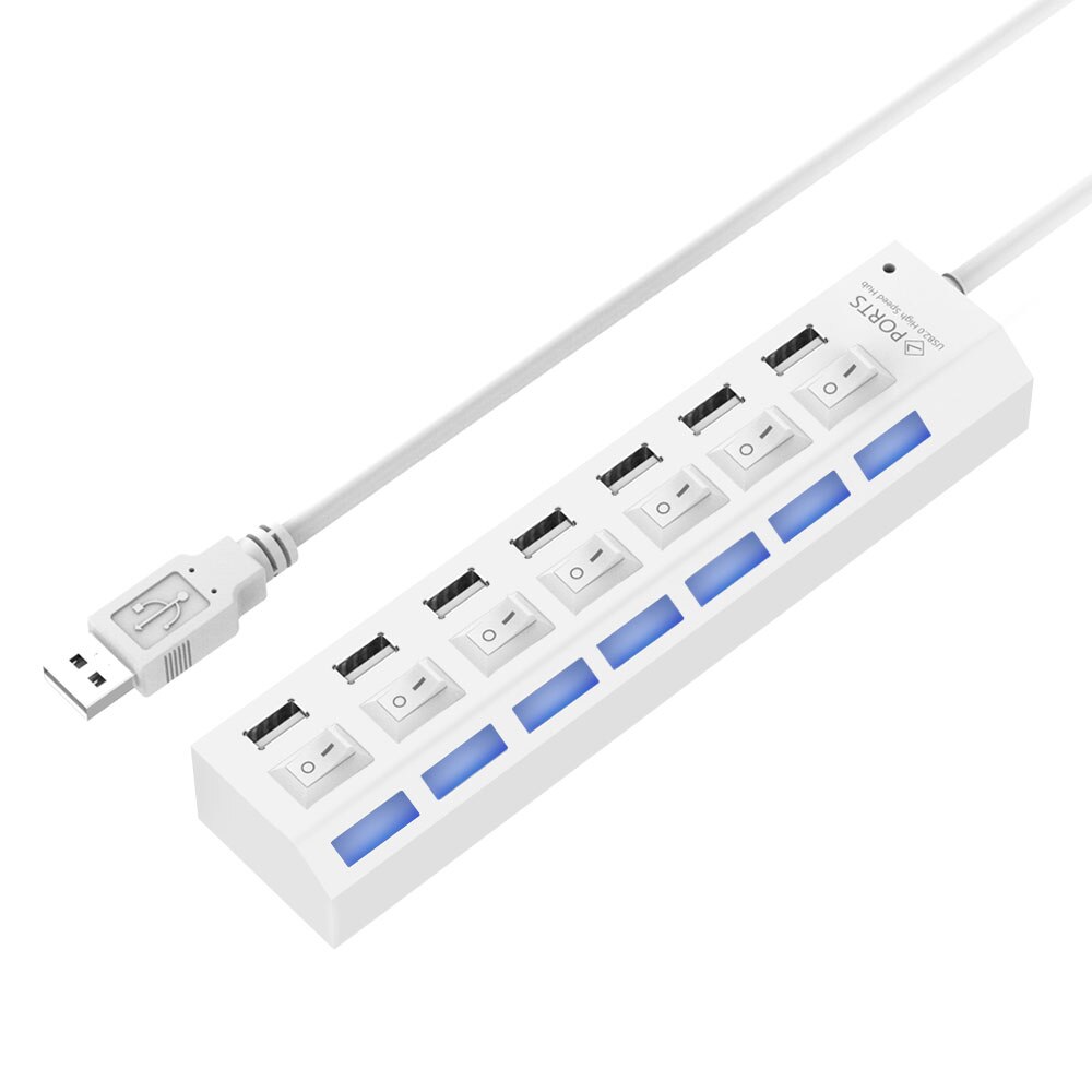 7 Port Micro Usb Hub 2.0 Usb Splitter Voor Tablet Laptop Computer Notebook Hoge Snelheid 480Mbps Usb 2.0 Hub led Met Aan/Uit Schakelaar: White