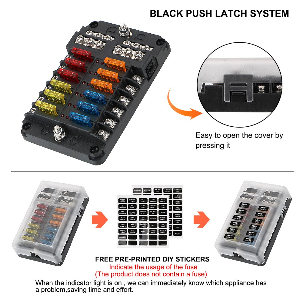 For Auto Car Marine Plastic Cover Fuse Box Holder 100A 32V 6 Ways 12 Ways Blade Fuse Block With LED Indicator Light M5 Stud