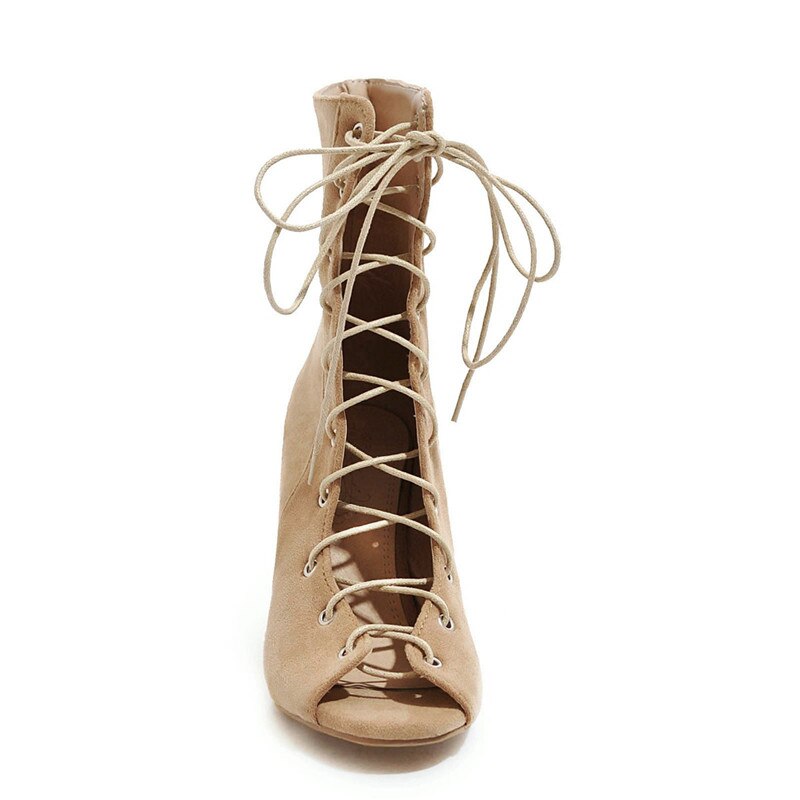 Morazora kvinnor ankelboots kors bundna peep toe sommarstövlar fyrkantiga högklackade stövlar klänning skor kvinna