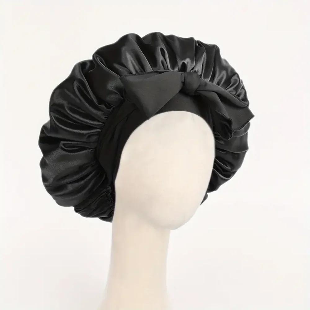 Satin Silk Hair Bonnet | Adjustable Tie Band | Sleep Bonnet for Women Men | Unisex Protective Headwear: black