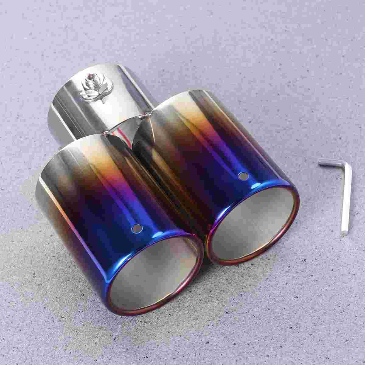 Colorful Double Outlets Stainless Steel Tailpipe Exhaust Muffler Tail Pipe Tip Cover (Curved Style): As Shown 1