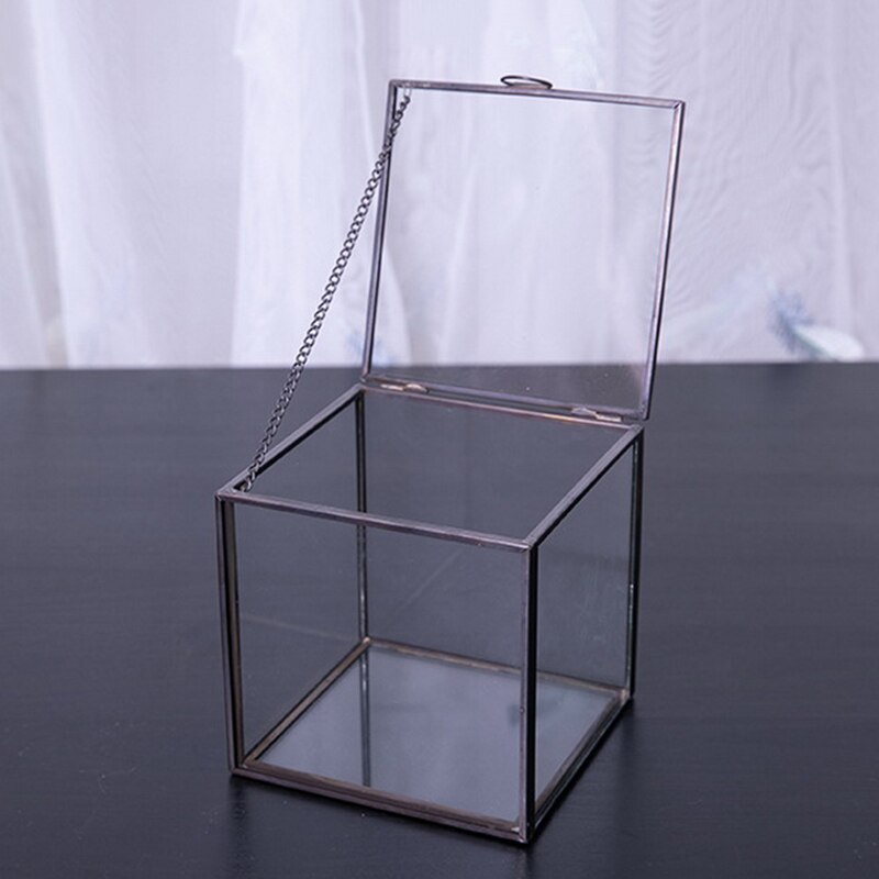 Geometriske firkantede øreringe glas opbevaringsboks vielsesringkasse kosmetisk organisator smykker opbevaringsboks lille til gæster: Sort / 8 x 8 x 8cm