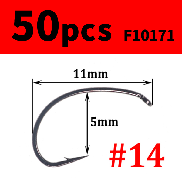 50pcs High Carbon Steel Fly Tying Hooks Wide Gap Curve Nymph Shrimp Caddis Fly Hook Barbed Black Nickle #6 #8 #10 #12 #14 #16: 50pcs size 14