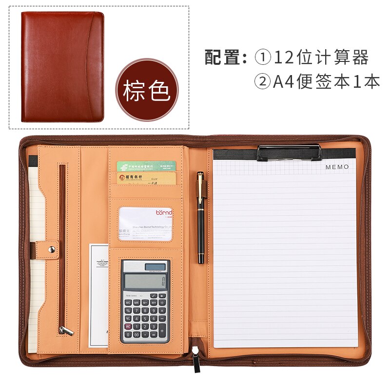 A4 Leather Expanding File Folder Office Business Document Organizer Holder Padfolio Brief Case Portfolio With Ipad Zipper Bag: brown B