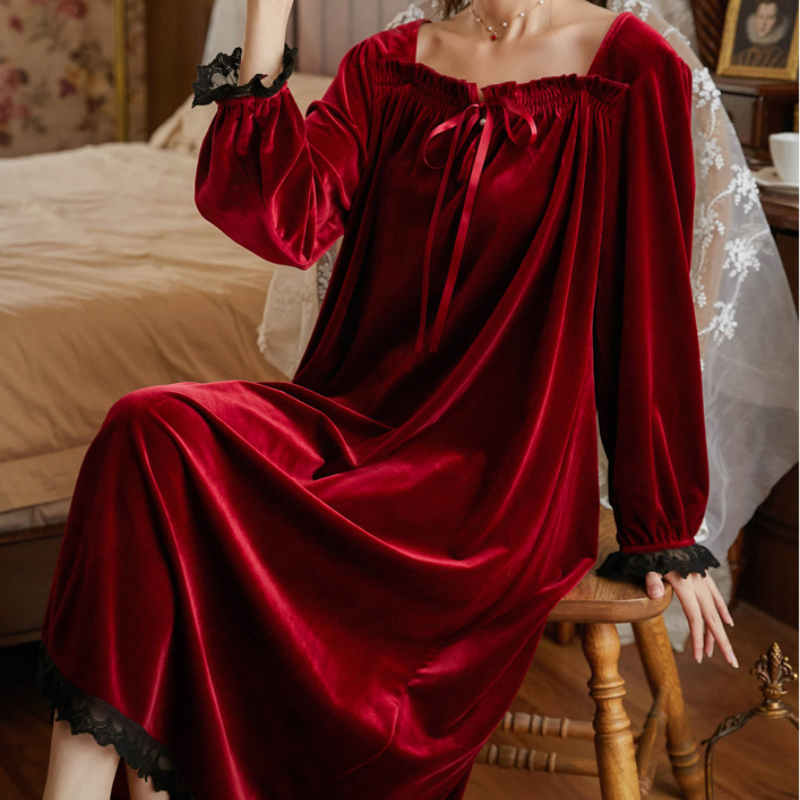 Camisón romántico de terciopelo para mujer, bata cálida de princesa, ropa de dormir Vintage victoriana, vestido de noche para mujer, Otoño e Invierno