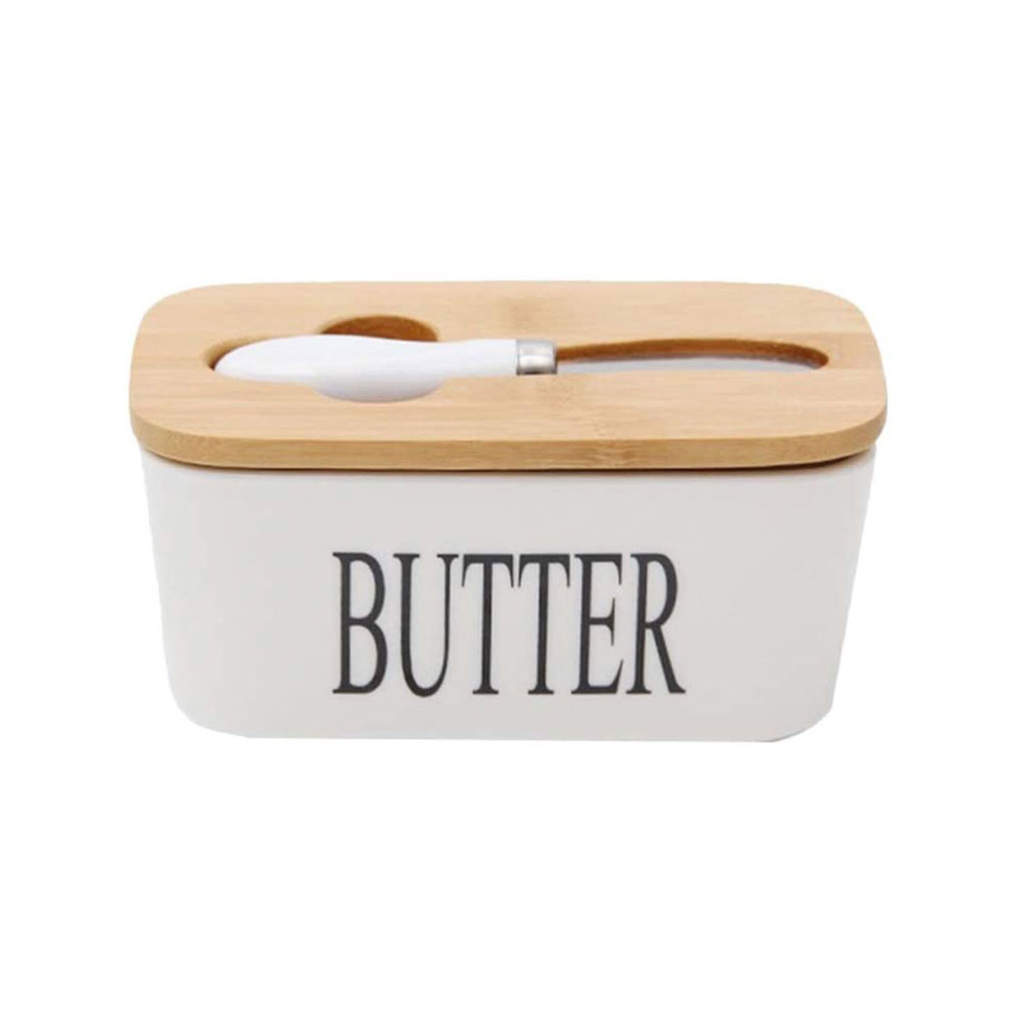 Ceramic Butter Container Set, Rectangle Butter Sealed Can + Wood Lid + Cutter + Silicone Loop(Pure White/Letter): Butter S