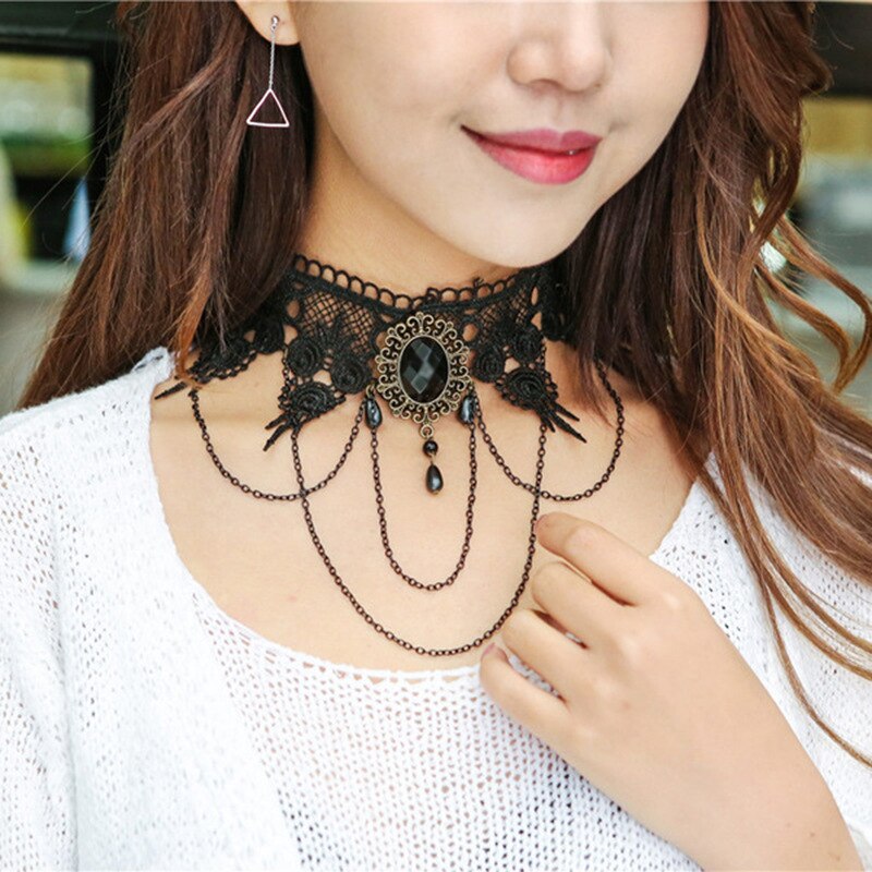 YiYaoFa-Conjunto de joyería exagerada hecha a mano, joyería gótica, collar y pendientes de encaje negro, accesorios para mujer, joyería de FYS-01