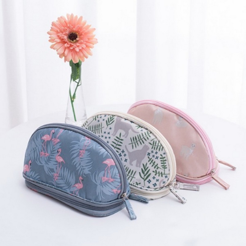 SHUJIN Portable Flamingo Cosmetic Bag Double Layer Travel Makeup Pouch Bags Circular Woman Make Up Bag Brush Organizer