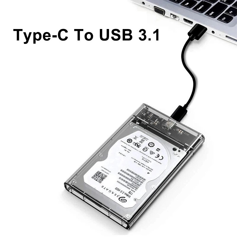 2.5 Inch HDD SSD Case SATA to USB 3.1 Type C 4TB Transparent External Hard Drive Housing Compatible UASP SATA III Laptop
