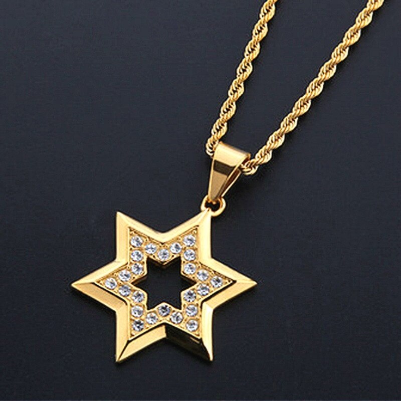 Star Stainless Steel Rhinestone Pendant Hexagonal Star Pendant Hip Hop Men Accessory Necklace