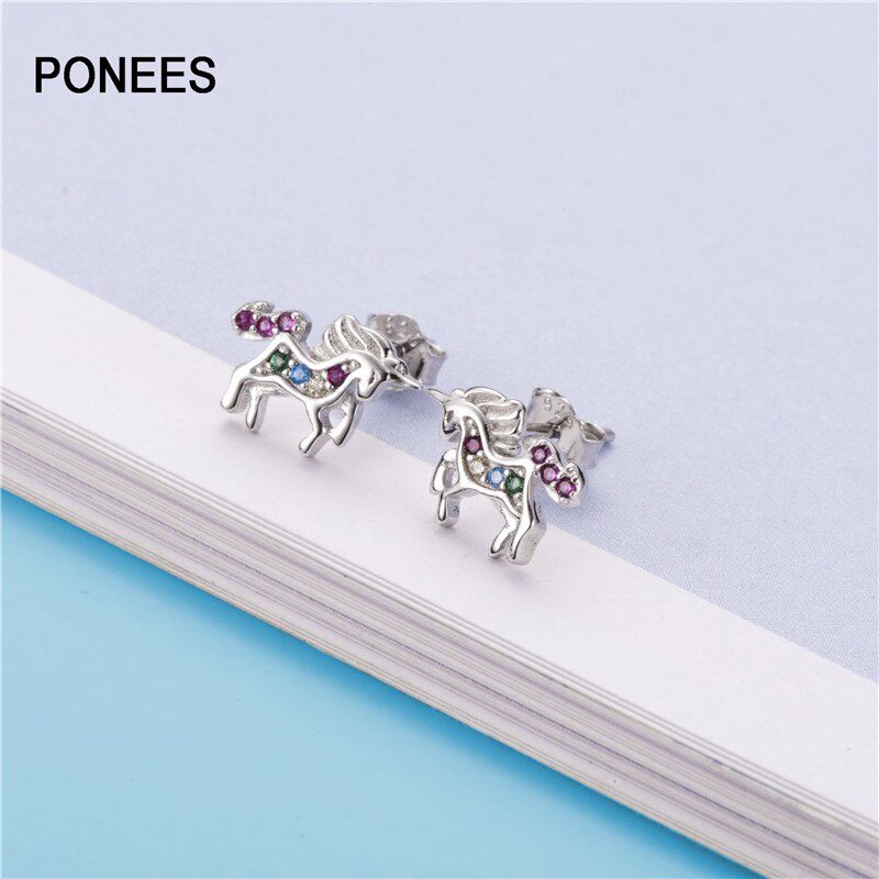 Ponees-pendientes de tuerca de unicornio para mujer y niña, de plata de ley 925, joyería más Popular con CZ