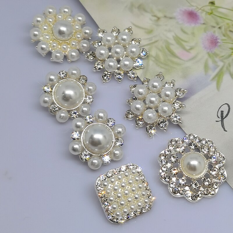 boutons à coudre luxe nacre accessoire couture Boutons de décoration de luxe en perles argentées pour vêtements, boutons de fleurs, ronds et carrés, strass, boutons de pour femmes, couture de robe