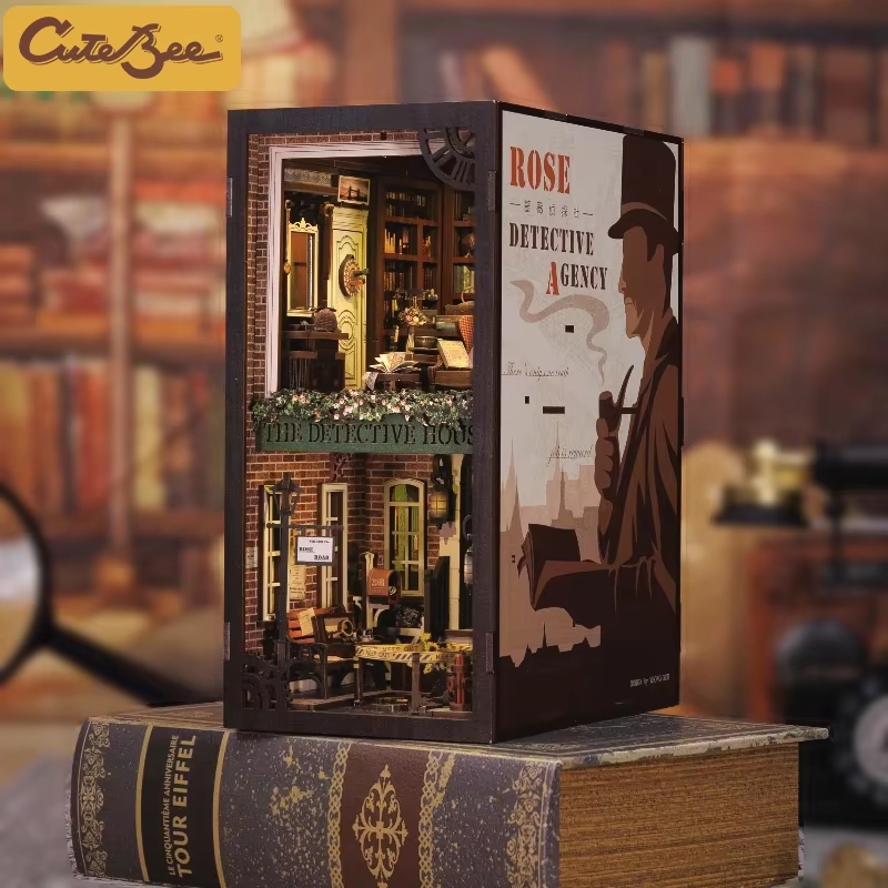 CUTEBEE Book Nook 3D Puzzle Miniature Doll House Kit With Touch Light Dust Cover DIY Booknook Toy Rose Detective Agency