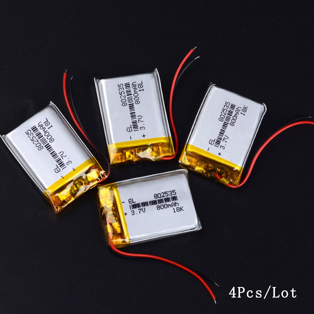 3.7v litium batteri 800 mah polymer batteri 802535 bluetooth dvr spiller dashcam opptaker registrar: 4 stk