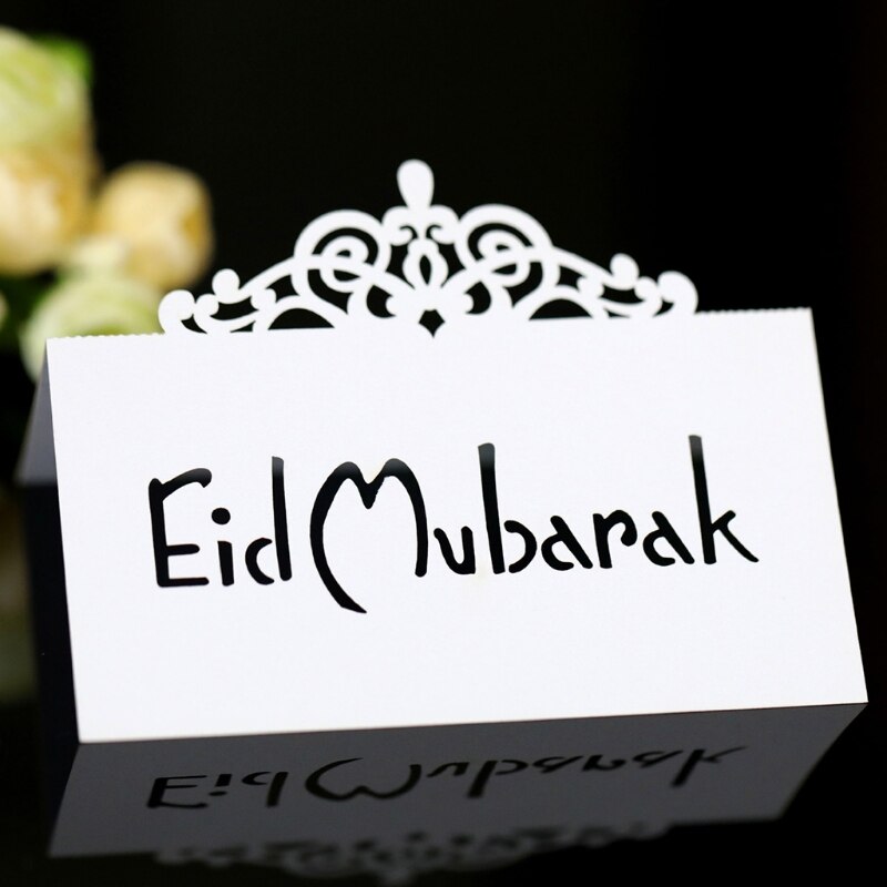 100Pcs 3D Floral Crown Eid Mubarak Table Card Ramadan Hollow Out Paper Placecard 69HF