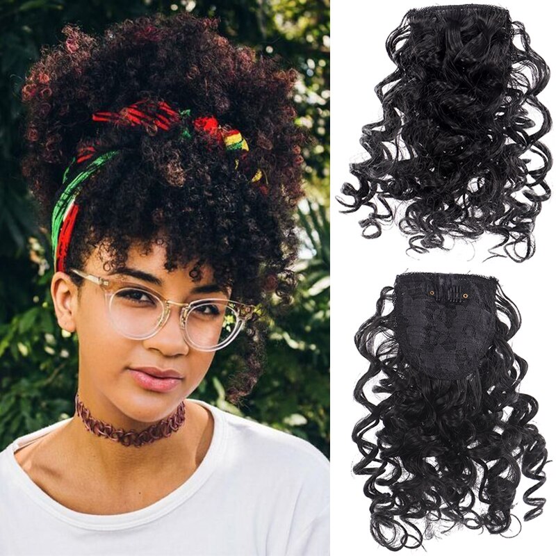 XUANGAUNG-extensiones de cabello postizas para mujer, Clip rizado, peluca con flequillo, flequillo de pelo Natural, piezas de cabello sintético: 1B