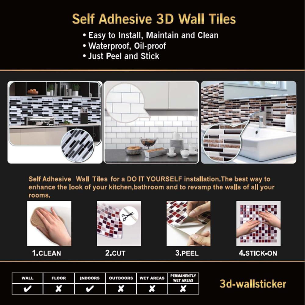 Self Adhesive Vinyl Wallpaper 3D Peel and stick Wall Brick Tile for bathroom and kitchen backsplash - 1 Sheet