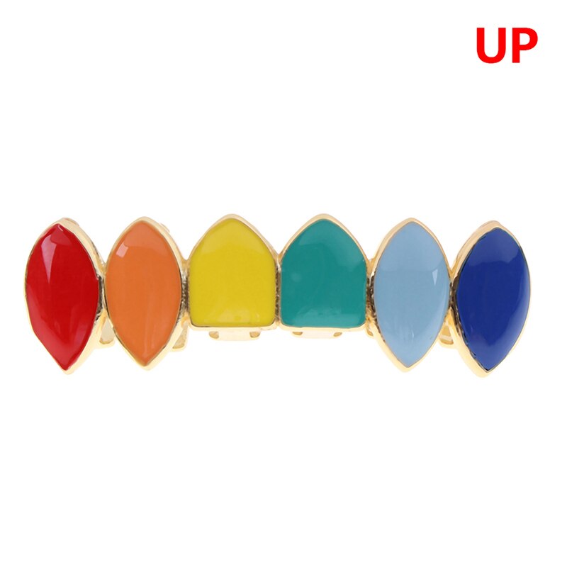 Gold Rainbow Teeth Grillz Top&Bottom Colorful Grills Dental Halloween Vampire Teeth: B-UP