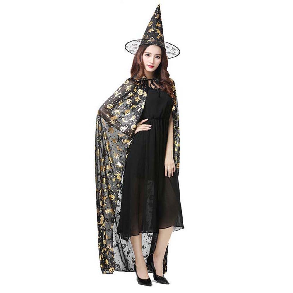 Trendy Performance Costumes Halloween Cloak Sets Witch Caps Pumpkin Scary Costumes Ghost Bat Hat Wizard Robe Party Show: black