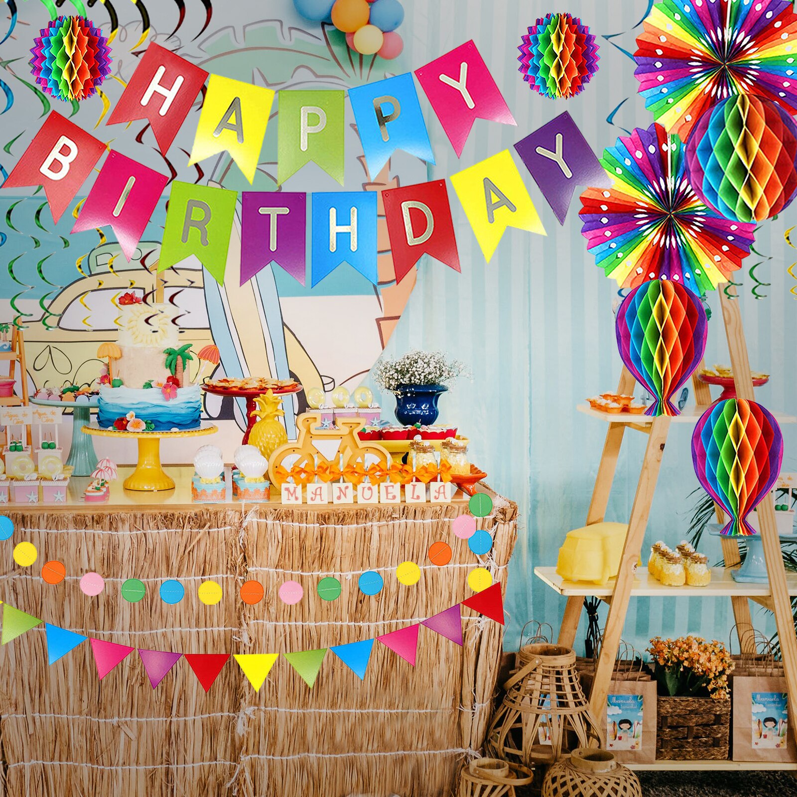 18Pcs Gelukkige Verjaardag Banner Set Feestartikelen Papier Fans Wervelingen Honingraat Ballen Voor Verjaardag Baby Shower Wedding Decor
