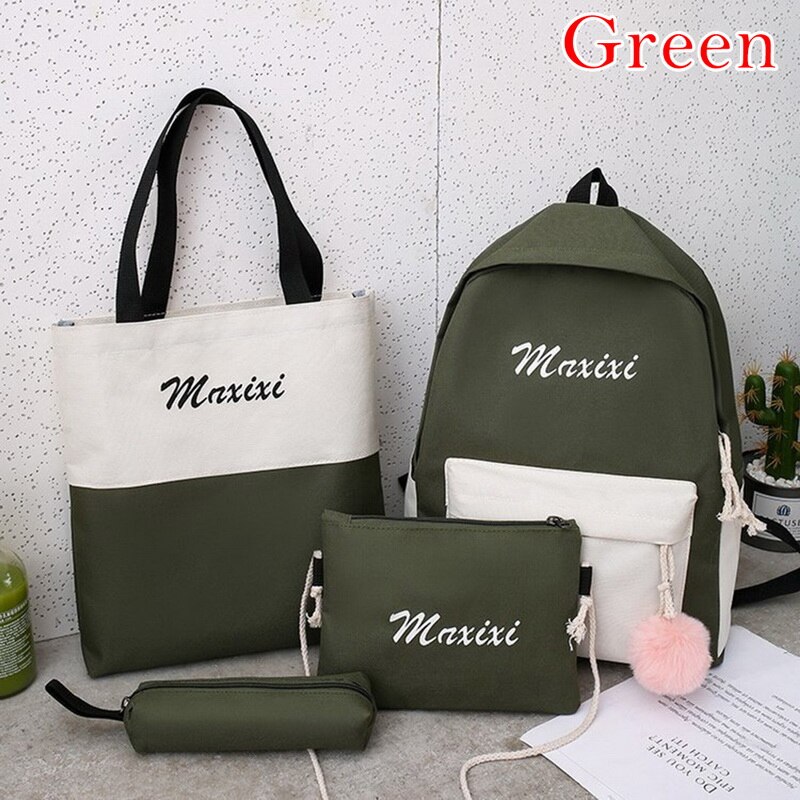 5 pçs/set mulheres mochila adolescente meninas corrente usb sacos de lona mochilas bolsa ombro feminino estudante sacos escola borla: 4pcs A Green