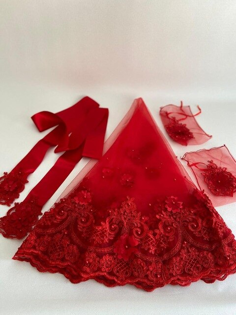 Gants de ceinture de luxe froncés pour mariée, ensemble complet, couleur rouge bordeaux, henné, mariage nocturne, accessoire pour future mariée,: Rouge