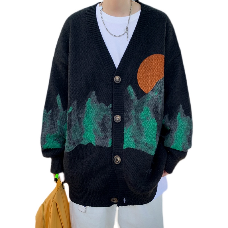 Mode Jacquard Gebreide Trui Top Lange Mouwen Losse Vest Mannen High Street Casual Sweatercoat Zwart/Wit