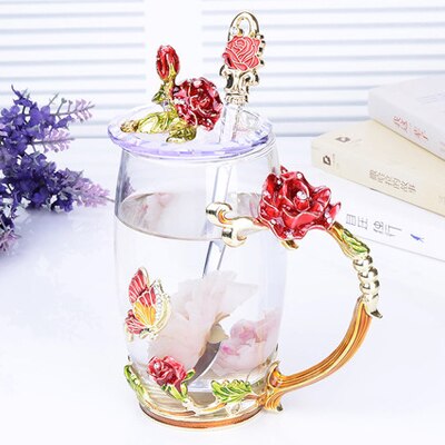 Tasse à café thé verre à fleurs et strass | Émail décoré tasse à café tasse à thé, verre gobelets à lait, tasses et tasses à poignée en alliage: A06