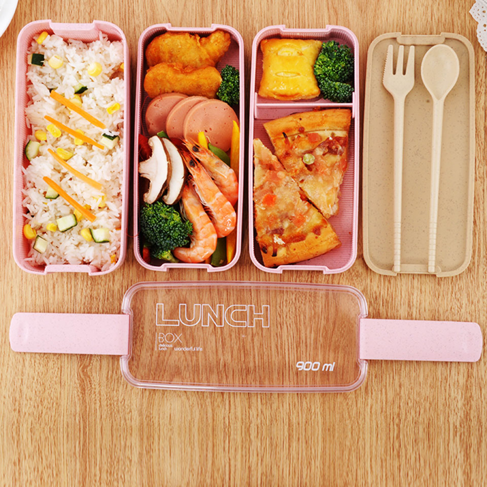900 ml 3 Lagen Lunch Box Milieuvriendelijke Tarwestro Materiaal Bento Box Microwavable Servies Voedsel Container Lekvrij Lunchbox
