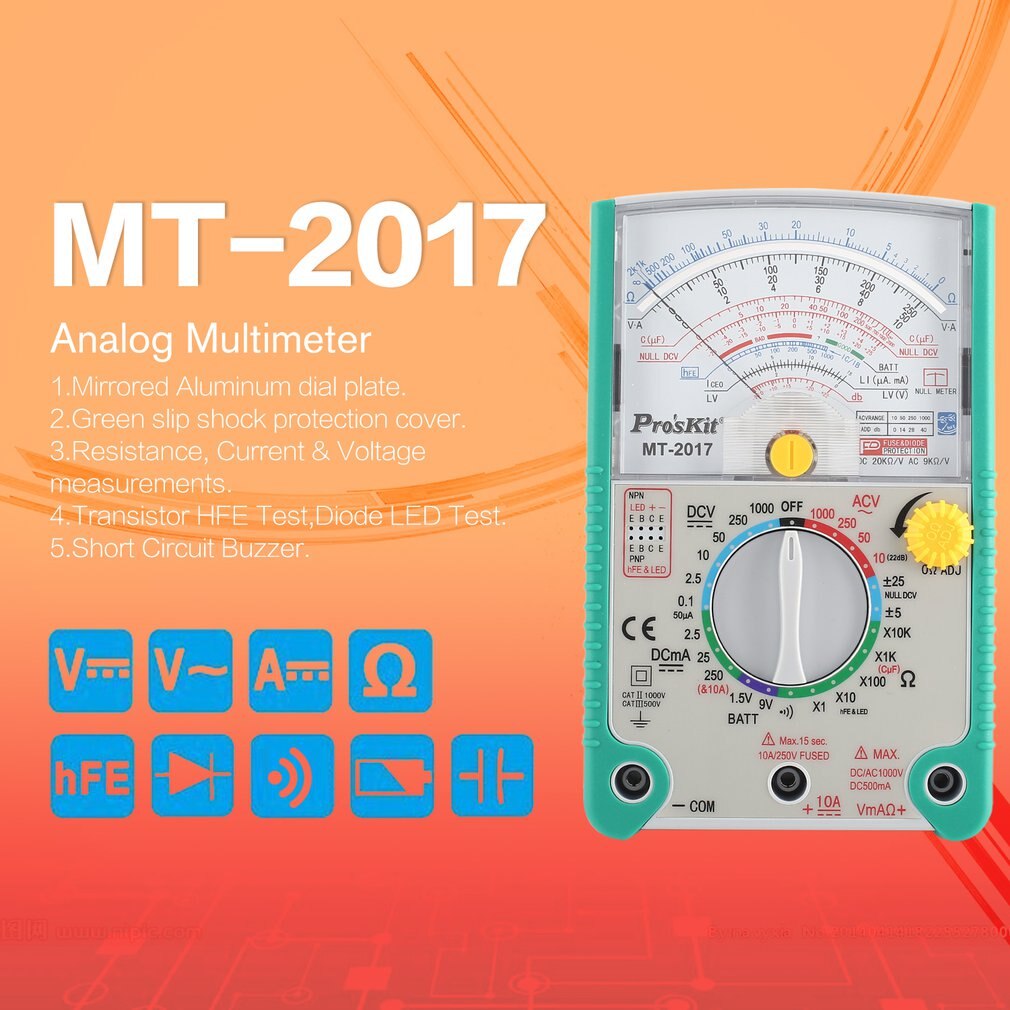 Proskit MT AC/DC Analog Graph Pointer Multimeter Ammeter Resistance Capacitance Diode Volt Amp Ohm Hfe LED Meter Electrical