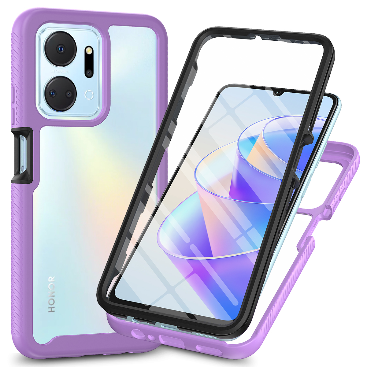 Funda de teléfono transparente a prueba de golpes, Protector de pantalla incorporado, parachoques de TPU, cubierta protectora resistente para HONOR X7A: Lavanda