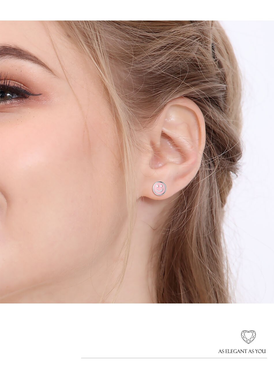 Belawang 925 Sterling Zilver Stud Oorbellen Voor Vrouwen Meisjes Roze Geel Enamel Glimlach Gezicht Oorbellen Sieraden Voor Kids Kinderen