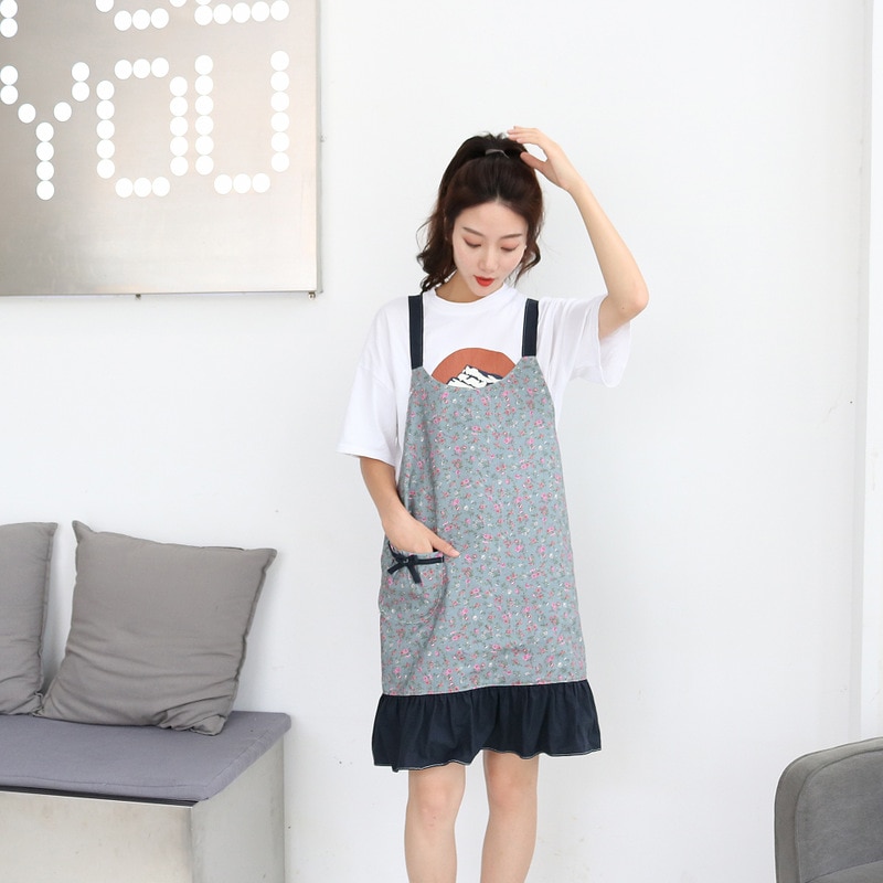 Delantal de algodón cocina hogar impermeable y a prueba de aceite bonita con flores delantal vestido estilo uniforme flor café uniforme
