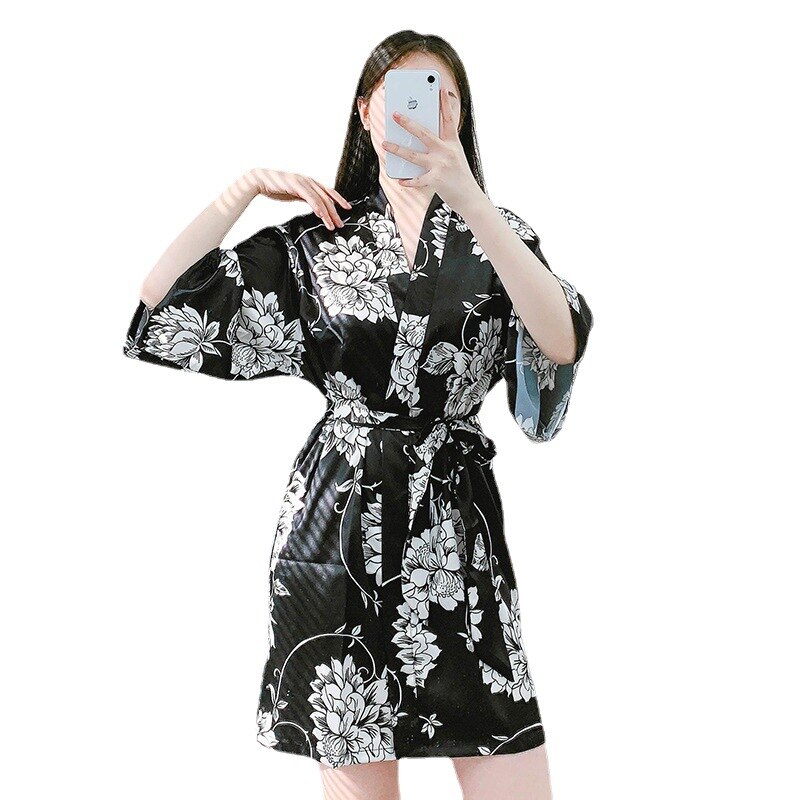 Women's Nightgown Ice Silk Pajamas Summer Printed Home Clothes Kimono Robe Bathrobe Sexy Sleepwear Nightie